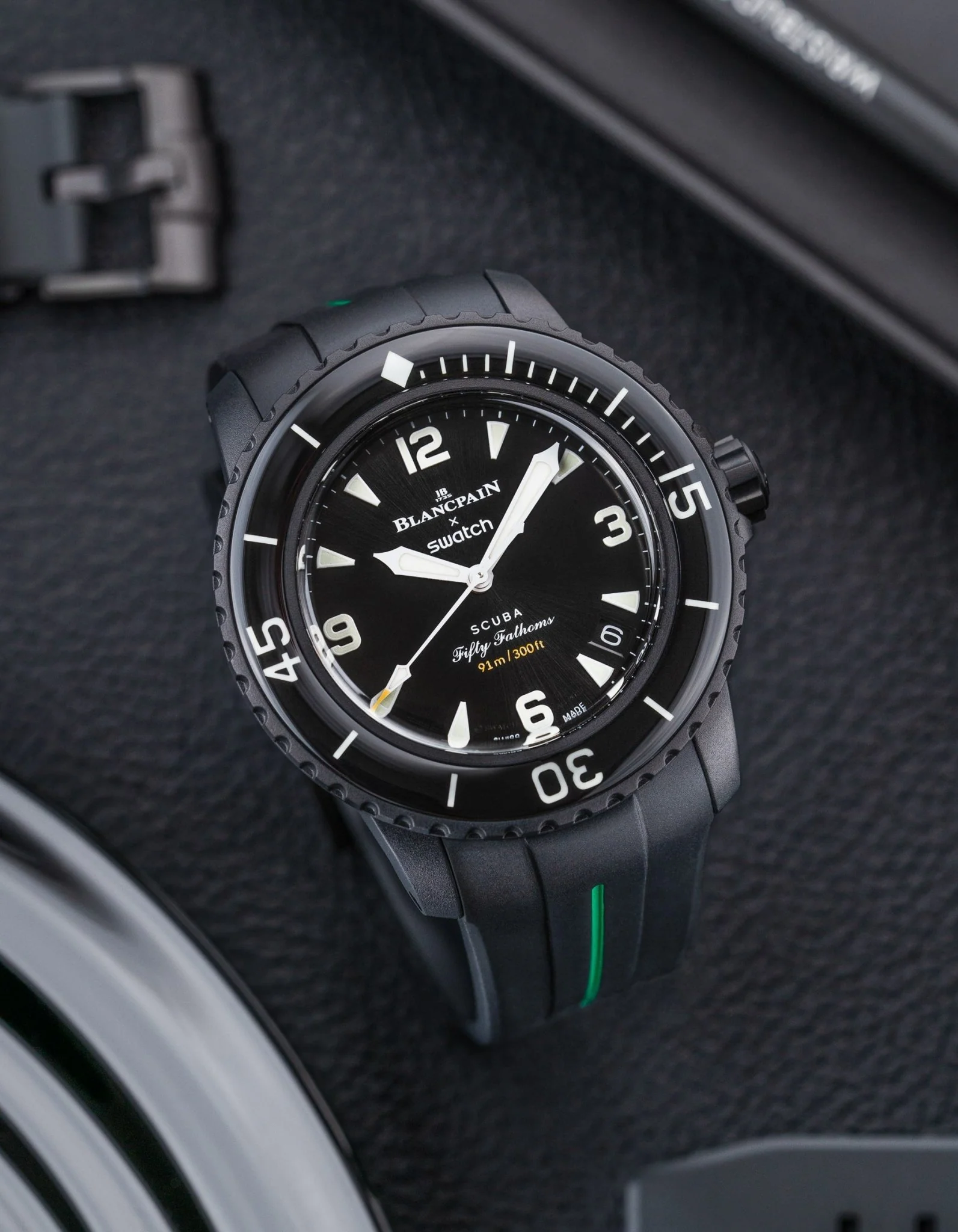 Curved Rubber Strap for Blancpain X Swatch - Black & Green Stripe - Image 3