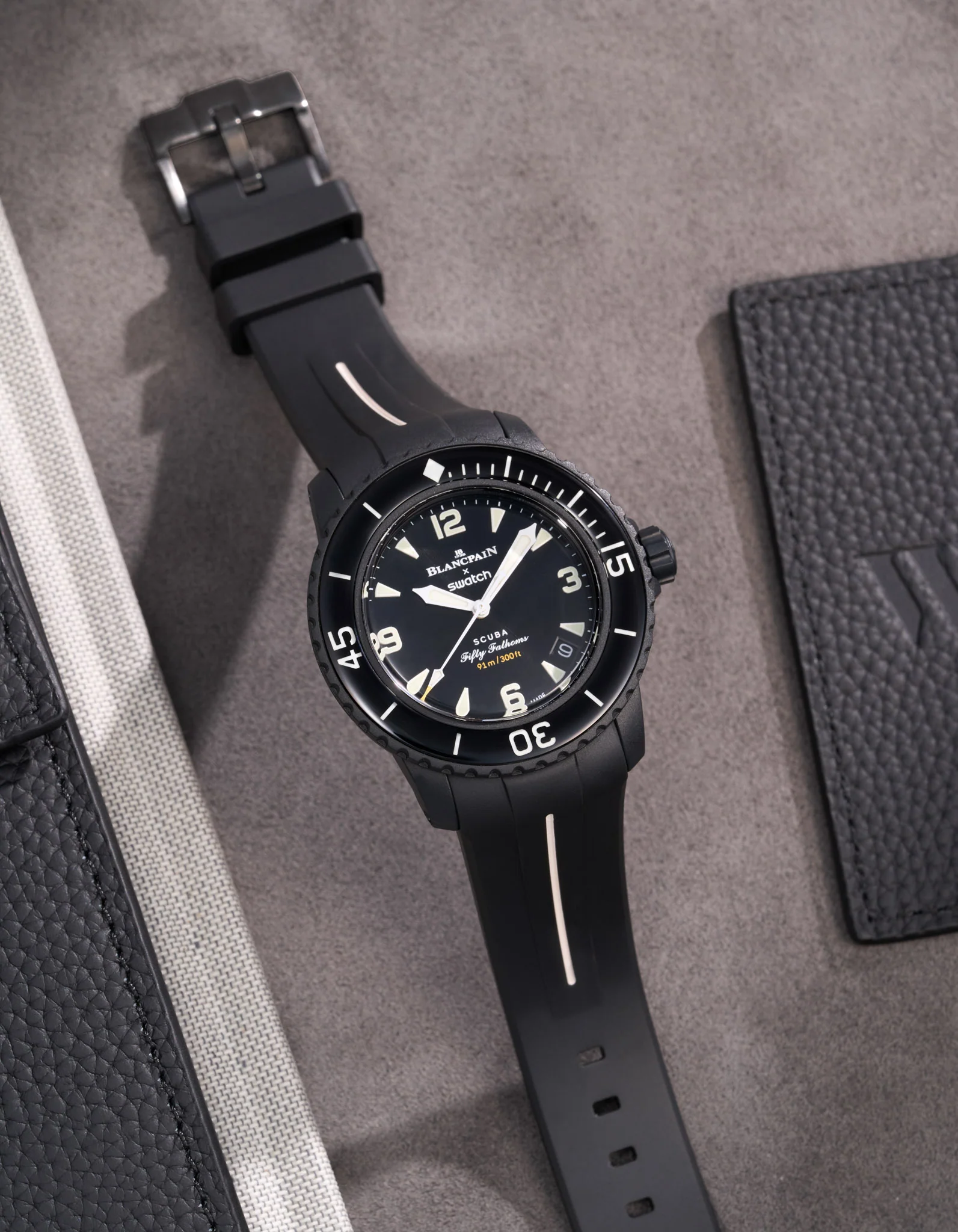 Curved Rubber Strap for Blancpain X Swatch - Black & White Stripe - Image 3
