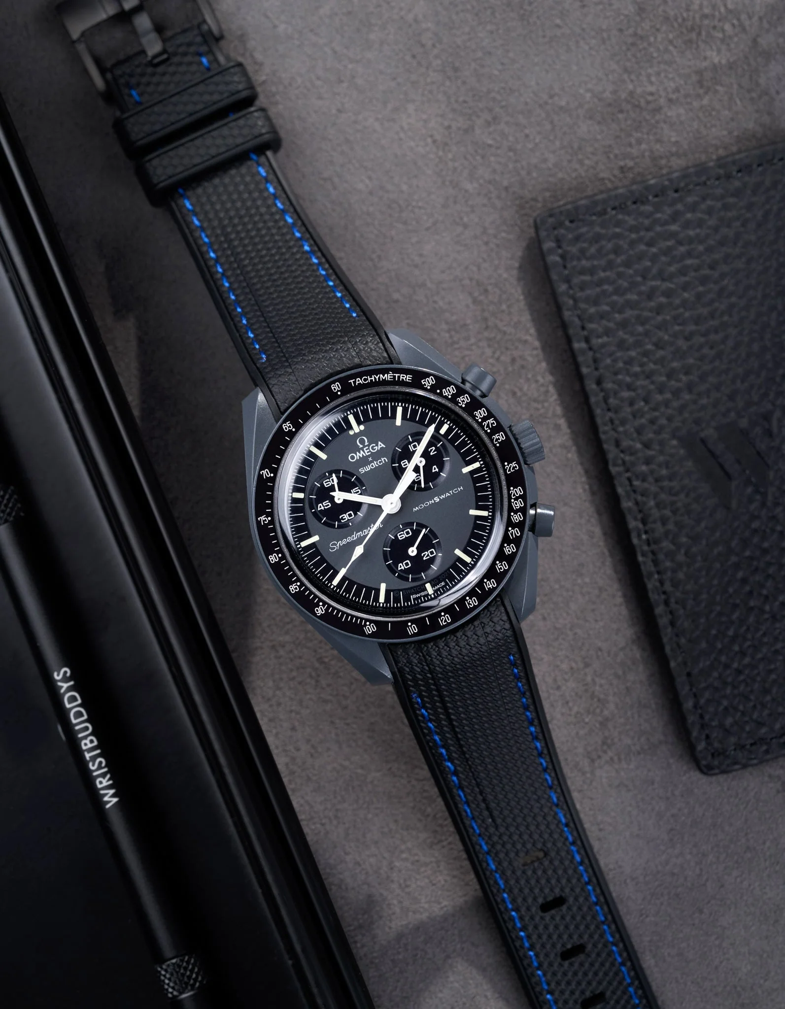 Curved Vertech Rubber Strap - Black & Blue Stitches - Image 6
