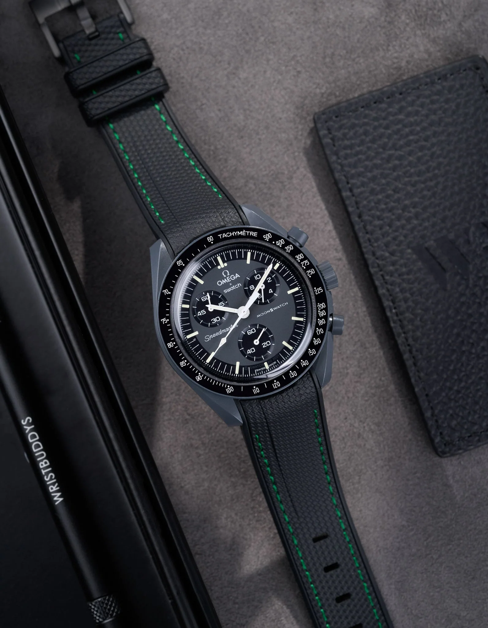 Curved Vertech Rubber Strap - Black & Green Stitches - Image 3
