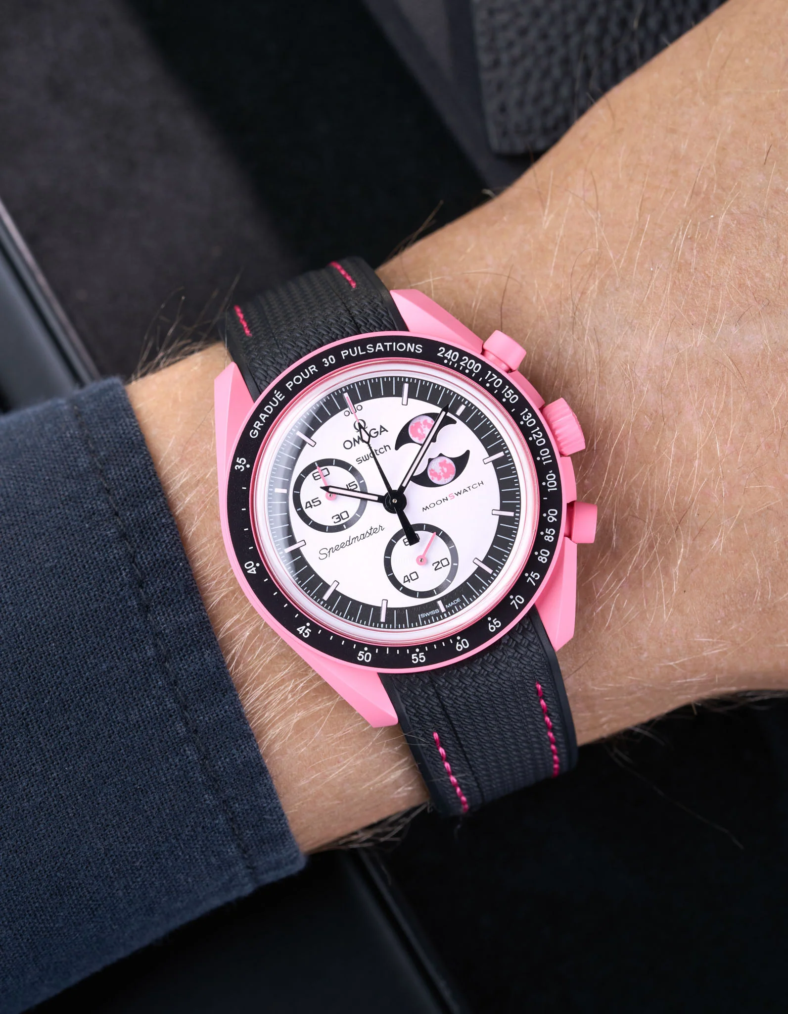 Curved Vertech Rubber Strap - Black & Pink Stitches - Image 2