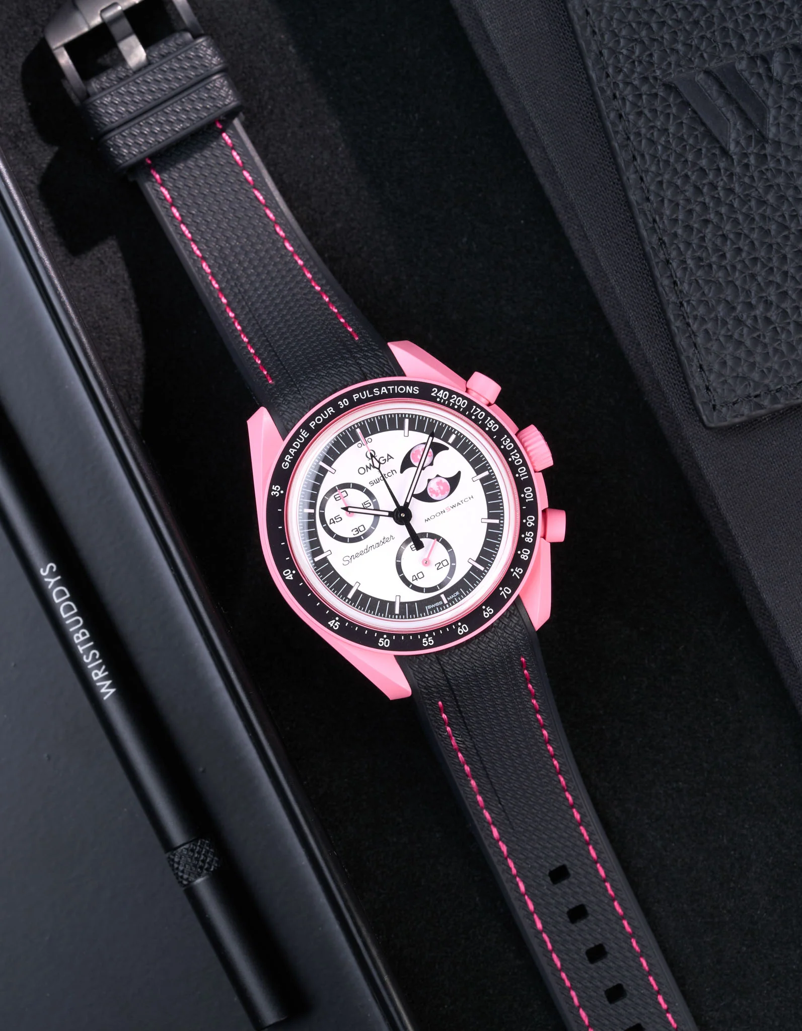 Curved Vertech Rubber Strap - Black & Pink Stitches - Image 3