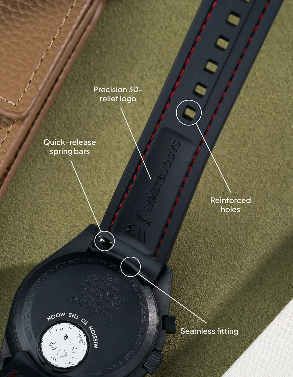 Curved Vertech Rubber Strap - Black & Red Stitches - Image 3