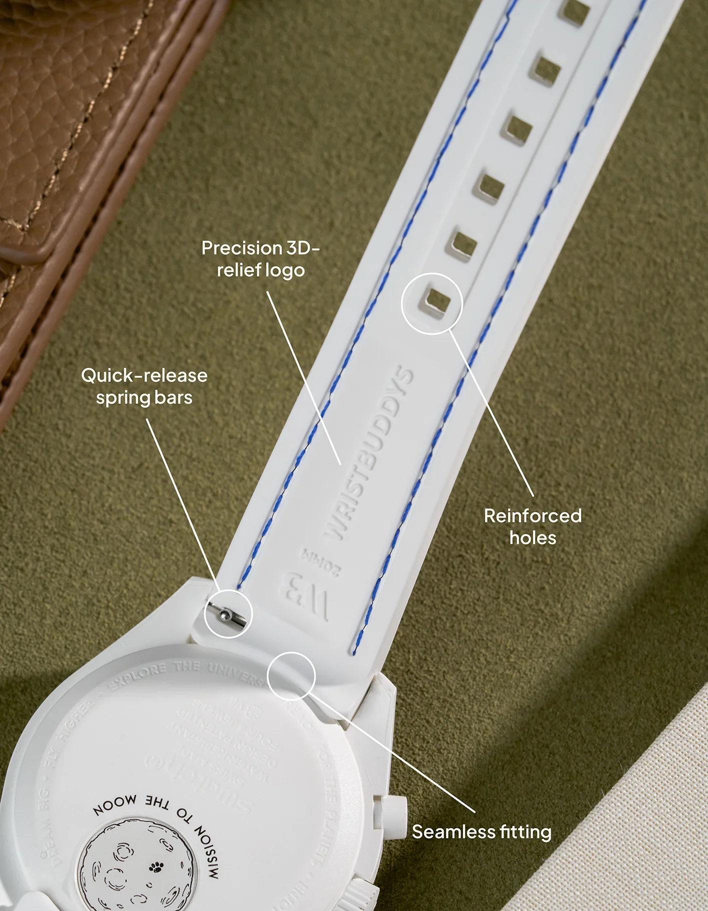 Curved Vertech Rubber Strap - White & Blue Stitches - Image 3