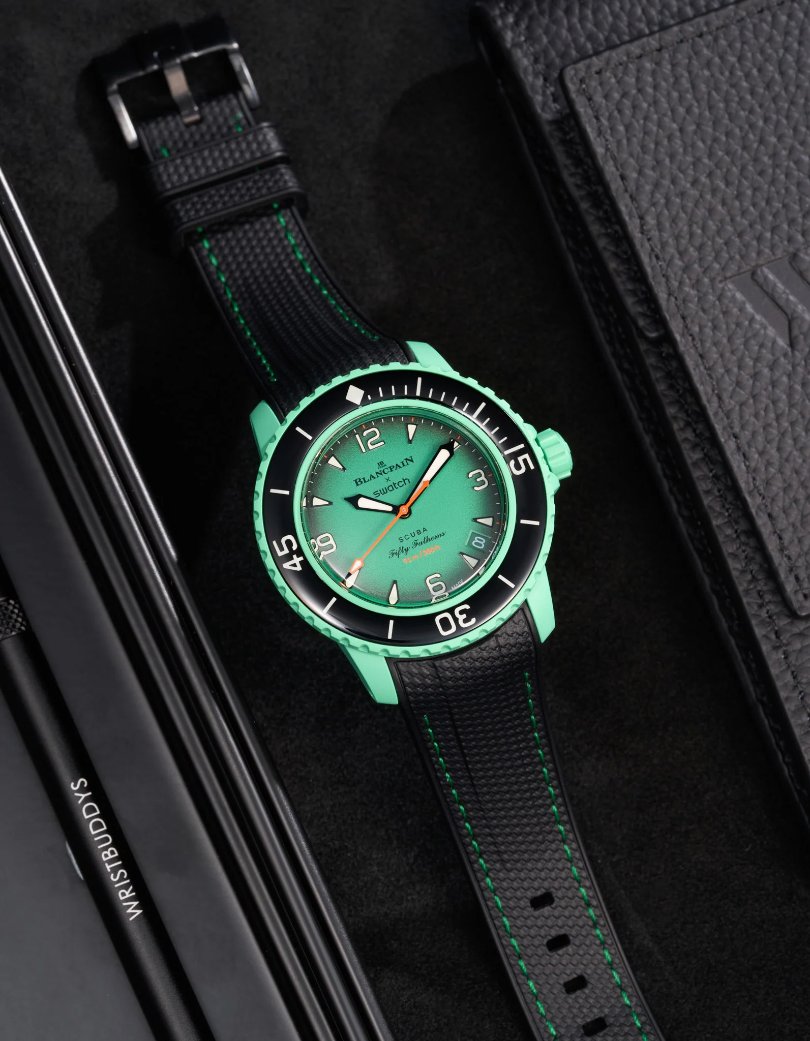 Vertech Rubber Strap for Blancpain X Swatch - Black & Green Stitches - Image 4
