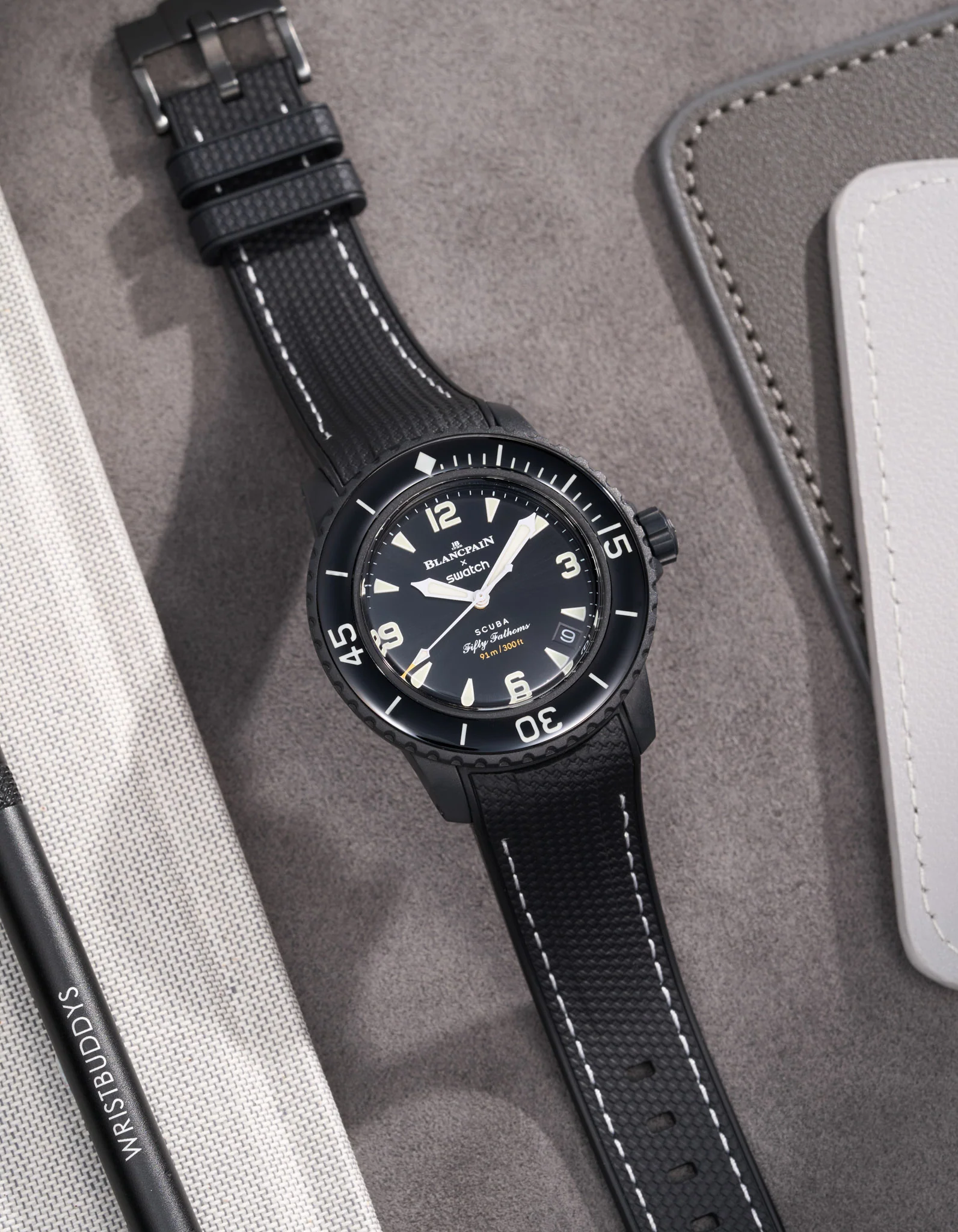Vertech® Rubber Strap for Blancpain X Swatch - Black & White Stitches - Image 3