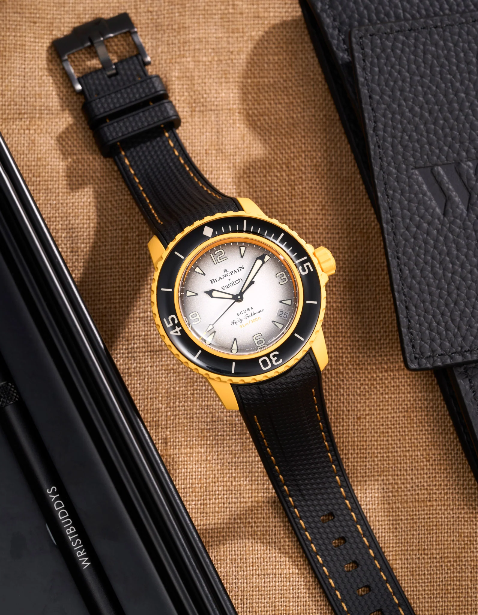 Vertech Rubber Strap for Blancpain X Swatch - Black & Yellow Stitches - Image 3