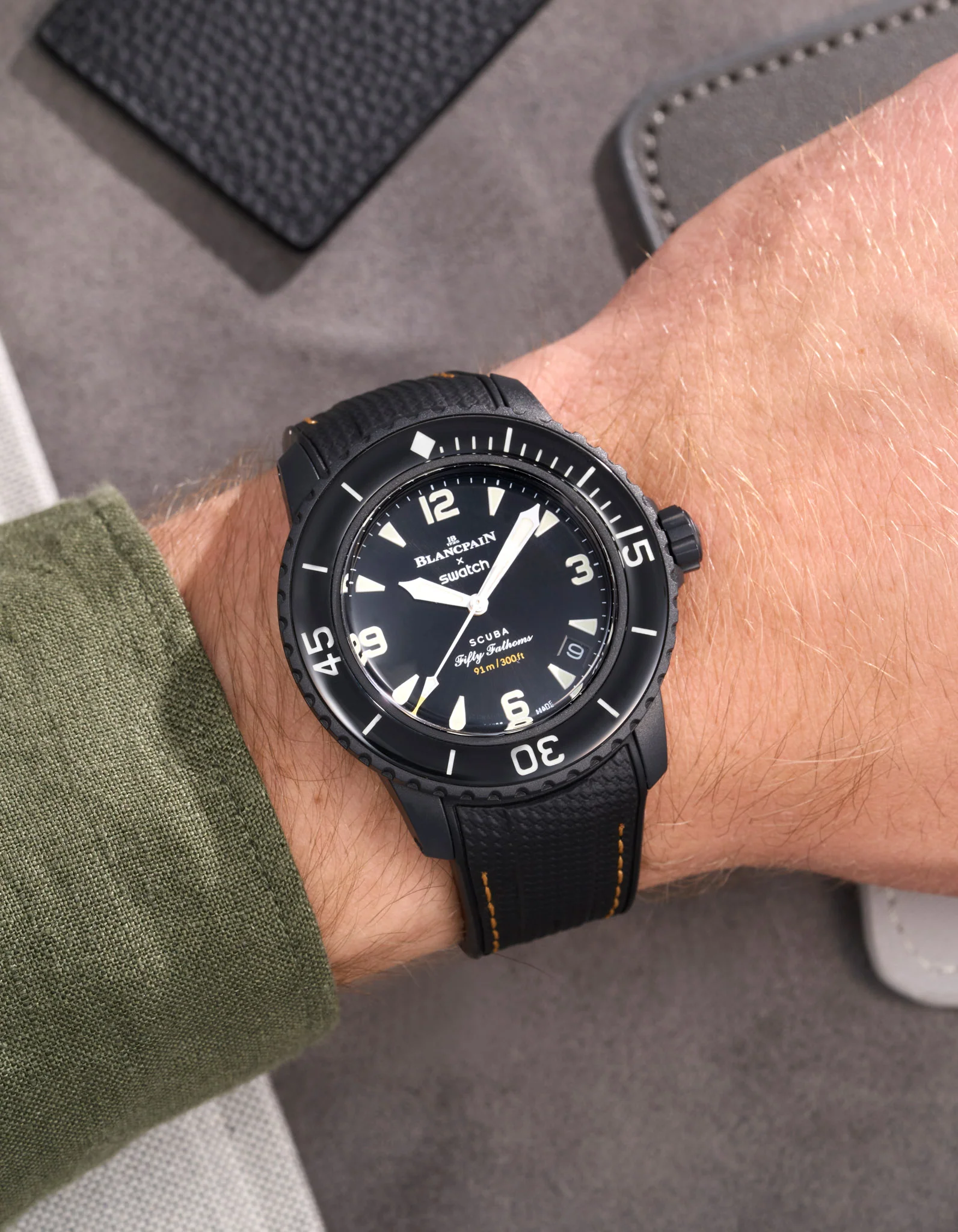 Vertech Rubber Strap for Blancpain X Swatch - Black & Yellow Stitches - Image 4