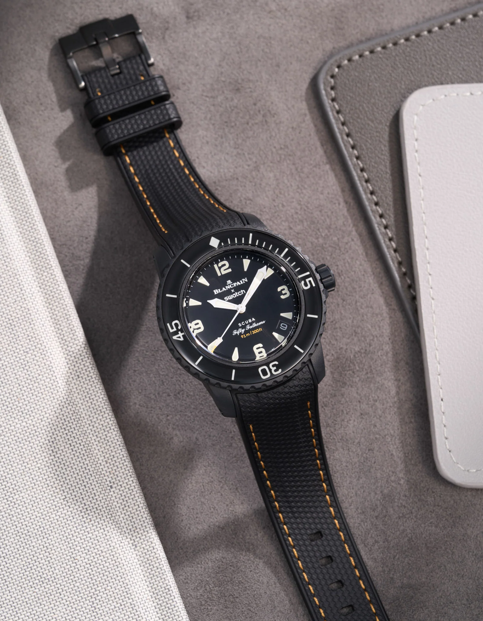 Vertech Rubber Strap for Blancpain X Swatch - Black & Yellow Stitches - Image 5